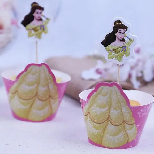 40 шт Дисней Принцесса Белль кекс обертка и Топпер Для детей день рождения