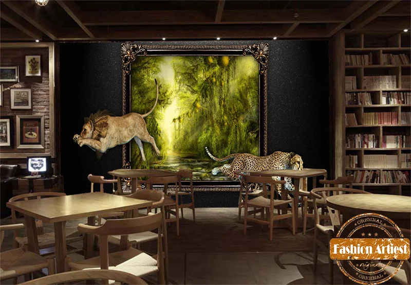 Custom 3d animal wallpaper mural lion leopard jump out of the wall tropical jungle tv sofa bedroom living room cafe restaurant |