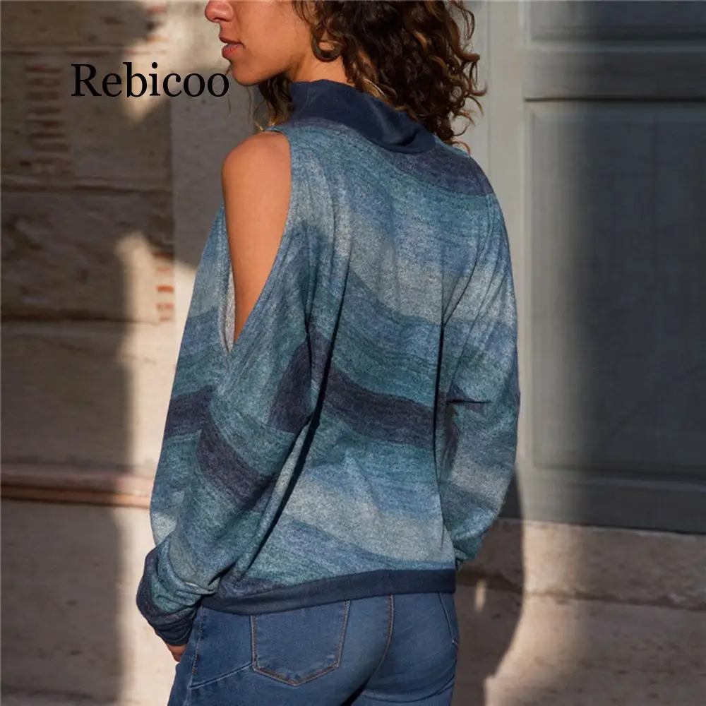 

2019 Women Autumn Turtleneck Striped Pullover Bare Shoulder Long Sleeve Geometric Print Knit Sweatshirts Tops