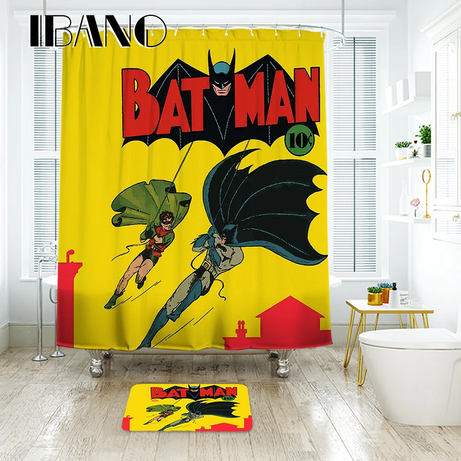 IBANO занавеска для душа, водонепроницаемый полиэстер, ткань Marvel, Бэтмен, занавеска для ванной комнаты, 12 шт., пластиковые крючки, напольный коврик