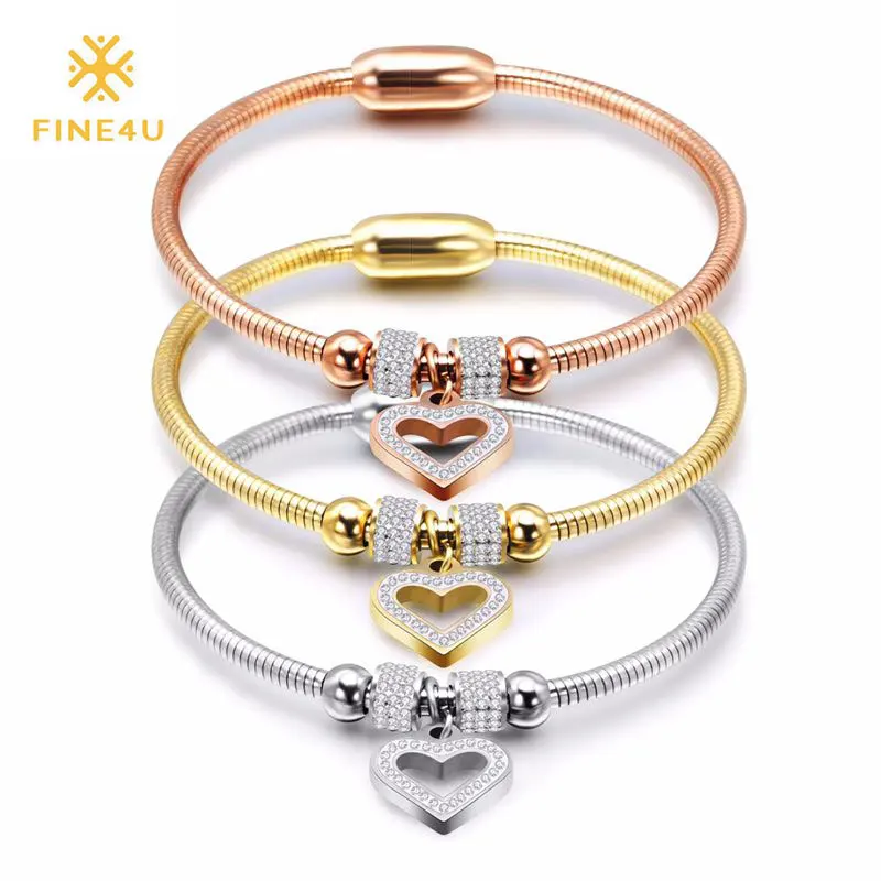 FINE4U B110 Luxury Love Heart Charm Bracelets 316L Stainless Steel Snake Chain Bracelet &amp Bangle Magnet Clasps | Украшения и