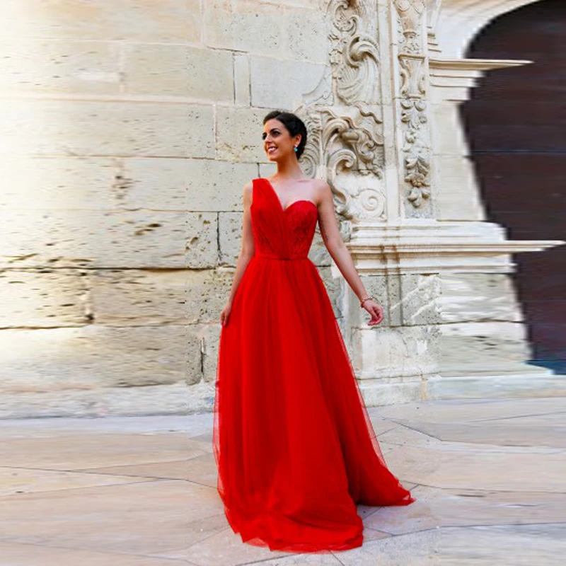 Red Elegant A Line Evening Dress 2016 Vestido De Festa Appliques Fashion Long Gowns One Shoulder Backless Formal | Свадьбы и