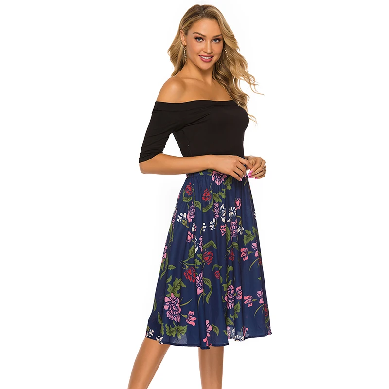

Summer Slash Neck Collar Waist Print Dress Wome Half Sleeve Patchwork Casual Knee Length