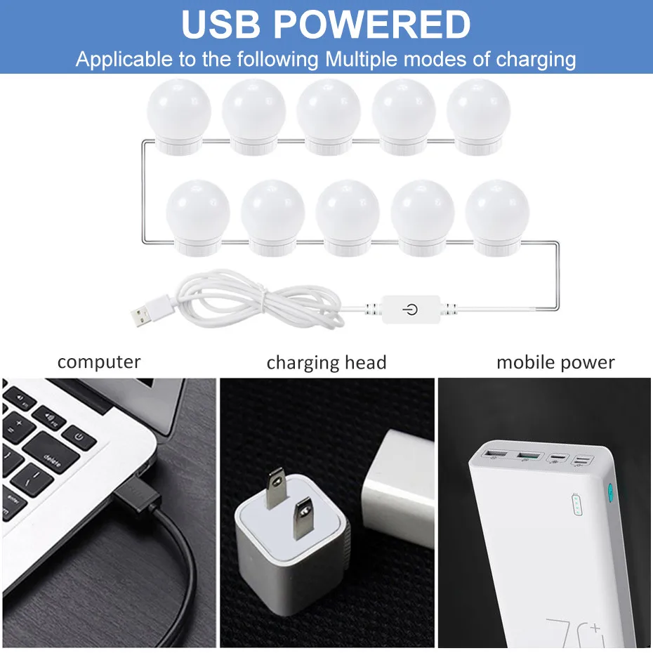 5V Hollywood Makeup Mirror Light Bulbs USB Charging Dimmable Touch Control Vanity Lights for Table Bathroom Wall | Лампы и освещение