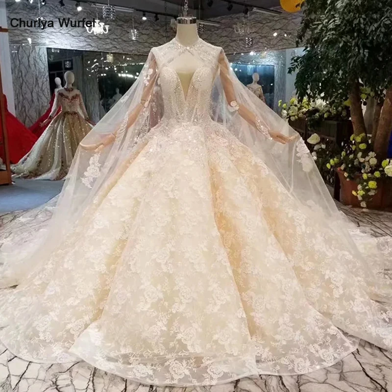 LSS348 Шампанское Свадебные платья с длинными накидками Глубокий v back безрукавные