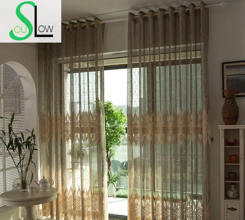 

Slow Soul Brown Europe Floral French Window Tulle Curtains For Living Room Kitchen Bedroom Luxury Sheer Fabric Fashion Cortinas