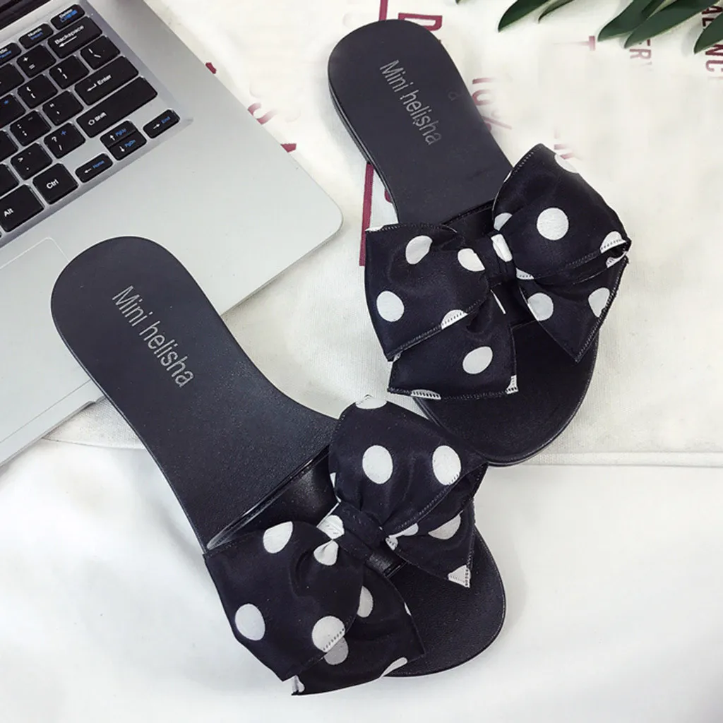 Женская обувь на каждый день с бантом в горошек плоской подошве шлепанцы для
