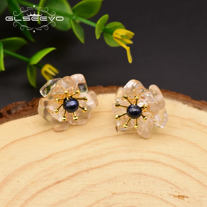 GLSEEVO Natural Jade Pearl Stud Earrings For Women Mom Birthday Day Gift 925 Sterling Silver Flower Earring Fine Jewelry GE0780