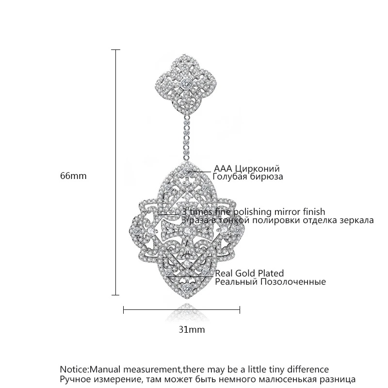 LUOTEEMI New Korea Style Big Brincos White Gold Color Elegant Jewelry Full Cubic Zircon Sparkling Drop Earring Double Flowers|drop earrings|earrings