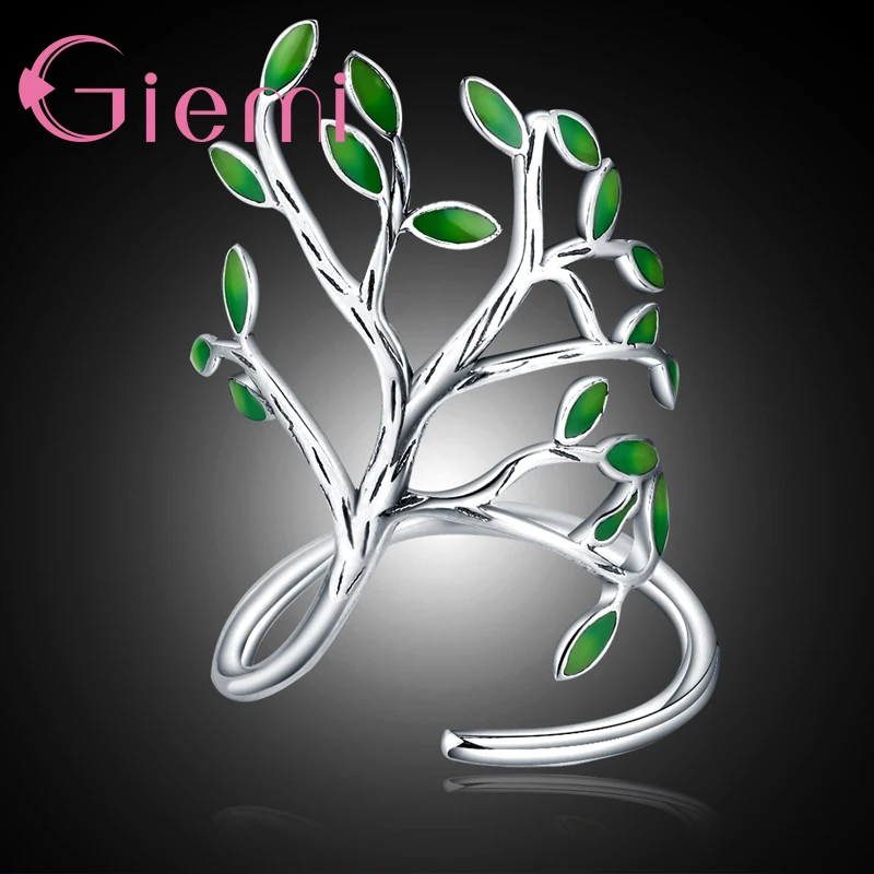 

Genuine 925 Sterling Silver Green Tree Leaves Shape Opening Finger Rings 2 Color For Women Men Crystal Jewelry Gift