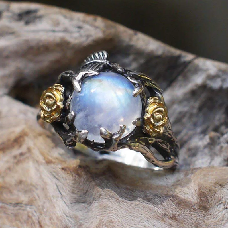 Retro Flower Shape Rings for Women Blue Round Colorful Opal Stone Gold Knuckle Two-tone Wedding Ring Love Jewelry Accessories | Украшения и