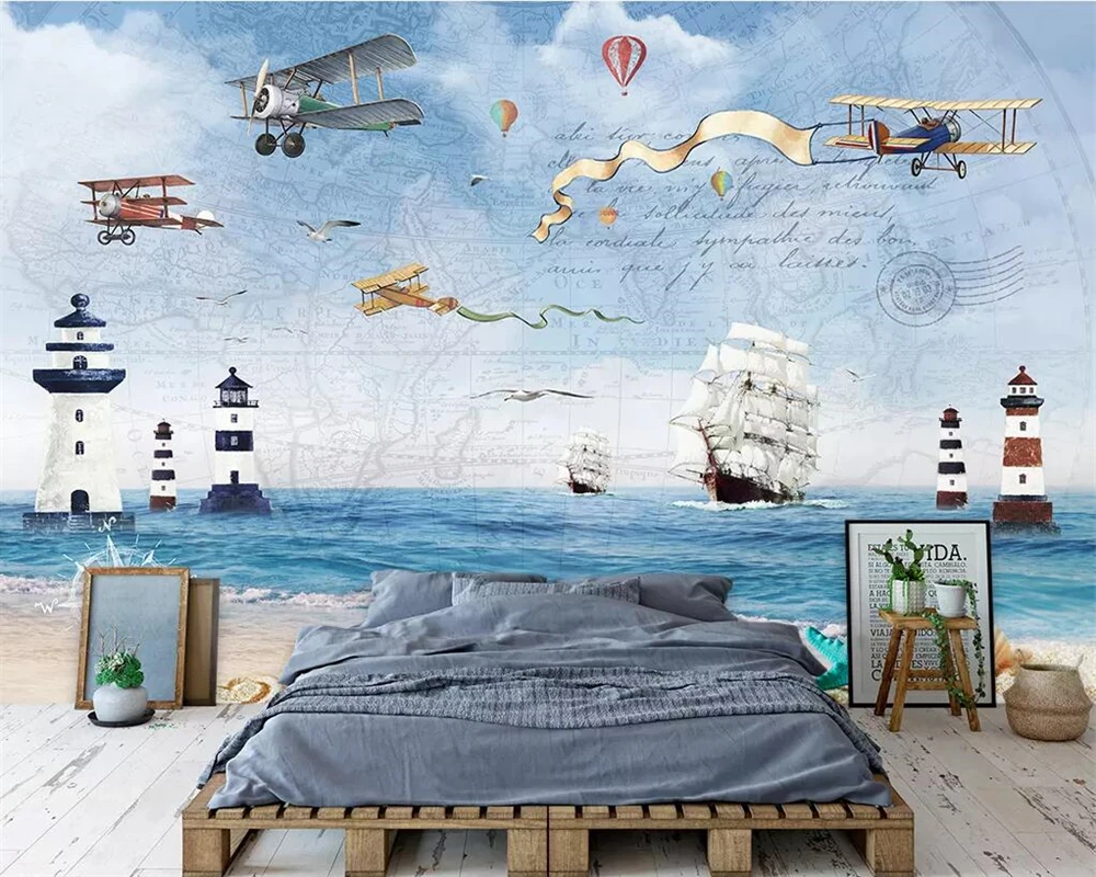 

Фотообои Beibehang на заказ, фотообои с изображением самолета, парусного моря, фона для телевизора, украшение для дома, гостиной, спальни, настен...