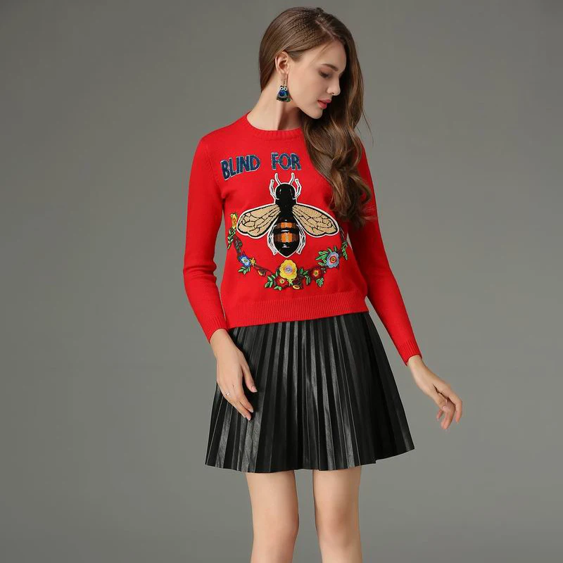 New 2018 Woman Round Collar Elegant Thicken Butterfly Flower Embroidery Knitted Pullovers Jumper Tops Sweaters Red Black | Женская