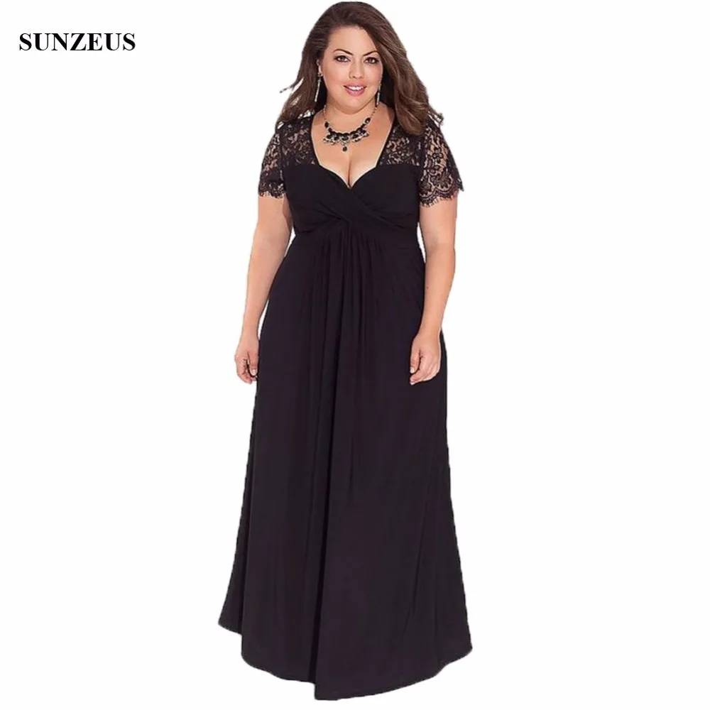 

Lace Cap Sleeve Empire Mother Of The Bride Dress Plus Size Black Long Jersey Women Party Gowns vestido noiva CM037