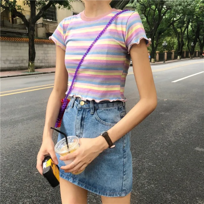 YouGeMan Camiseta Mujer 2020 Летняя женская футболка Корейская Ulzzang Harajuku Радужная полосатая