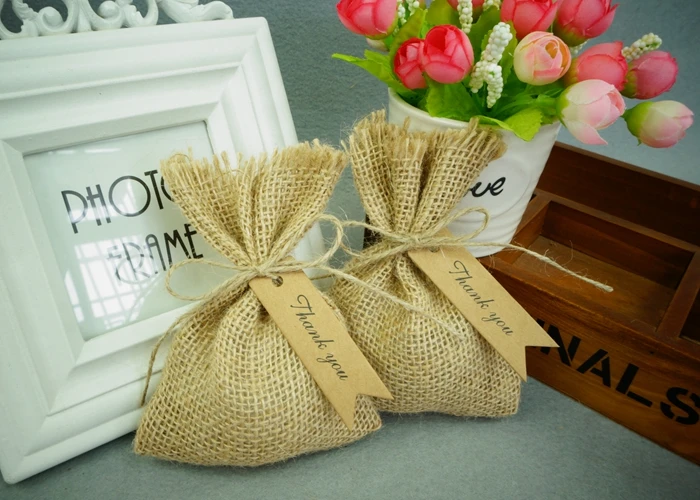 20 шт 10*14 см Hessian Мешковина джутовая Подарочная сумка мешок конфет с биркой спасибо свадебные подарки для гостей деревенское свадебное украшение