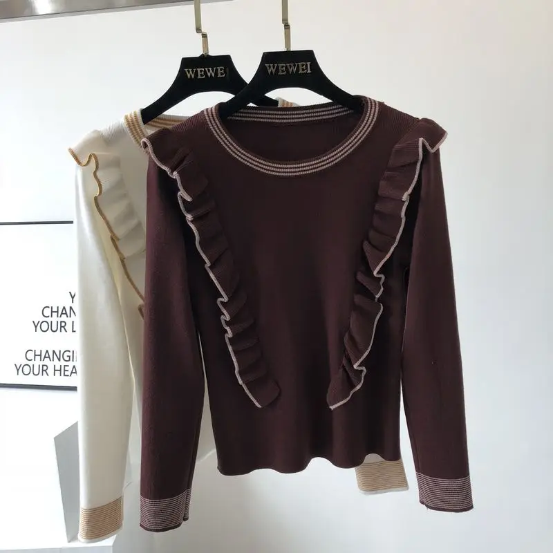 ALPHALMODA Sweet Ruffled Jumpers Knitted Striped Sweater Preppy Pullovers Winter Clothes Women Pull Femme Slim Fit | Женская одежда