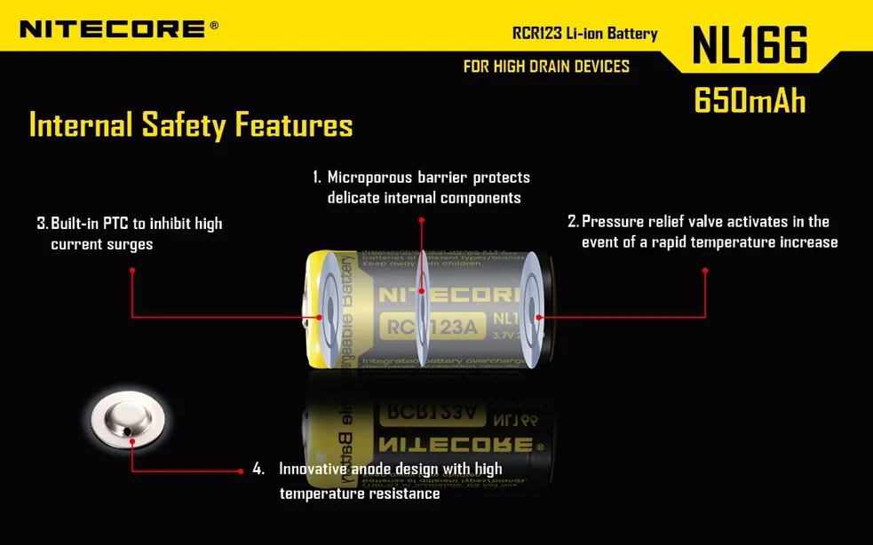 Литий ионный перезаряжаемый аккумулятор NiteCore NL166 RCR123A(16340) 3 7 V 650mAh 3A с защитой