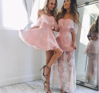 new fashion women lace chiffon off shoulder ruffles short dress prom party bridesmaid wedding sweet strapless mini dresses