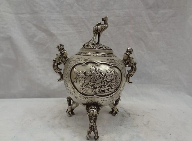 9 &quotТибет Silver Bird Fly Павлин Глава Статуя Феникс Лев Курильница Курильница|censer