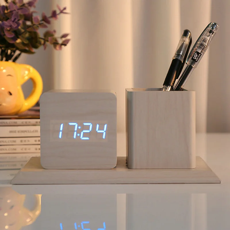 Digital Desk Clocks Luminous Multifunction Clock LED Calendar Large Display Wooden Table Alarm Glowing | Дом и сад