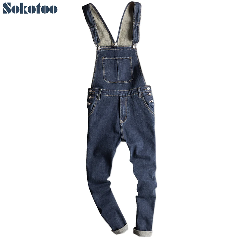 Sokotoo erkekler koyu mavi denim işçi tulumu Slim fit kot rahat cep kargo pantolon jartiyer tulumlar