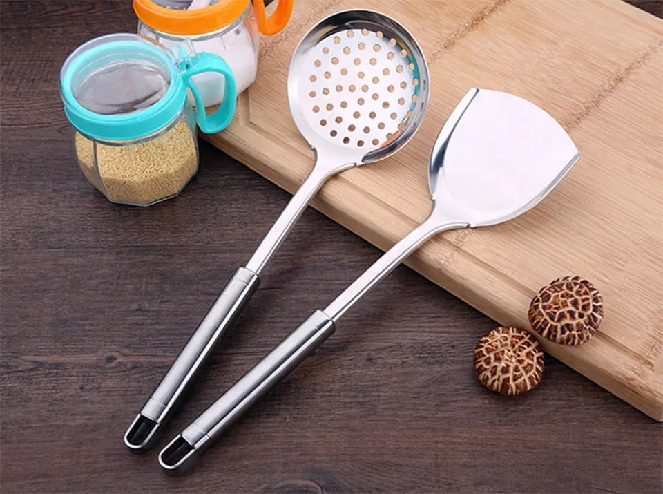 SSGP 5& 7 Pcs Set Of Kitchen Tools 304 Stainless Steel Spatula Soup Spoon Cooking Utensils Accessories With Shelf High Quality