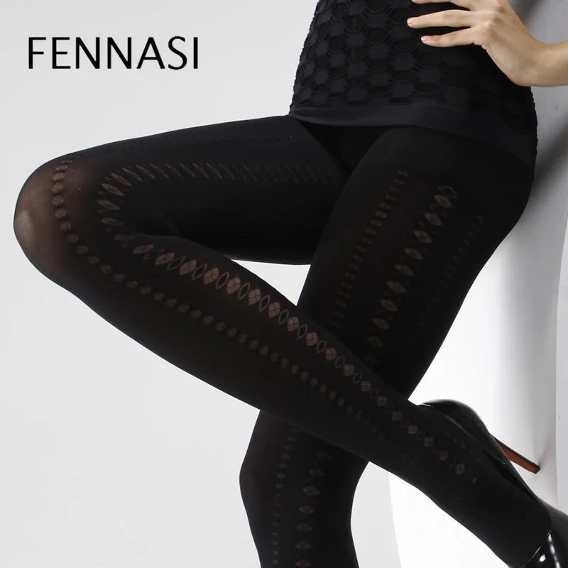 

FENNASI Autumn Winter Jacquard Floral Women's Pantyhose Print with Striped Plaid Pattern Sexy Tights Female Erotic Black Tights