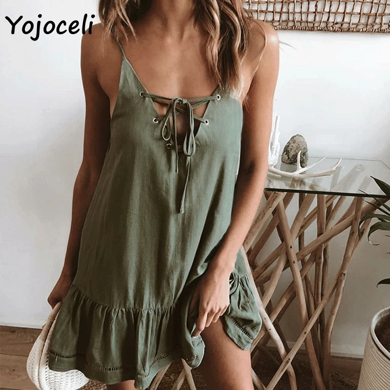 Yojoceli 2019 Летний Пляжный сарафан женское кружевное мини-платье с оборками Короткое