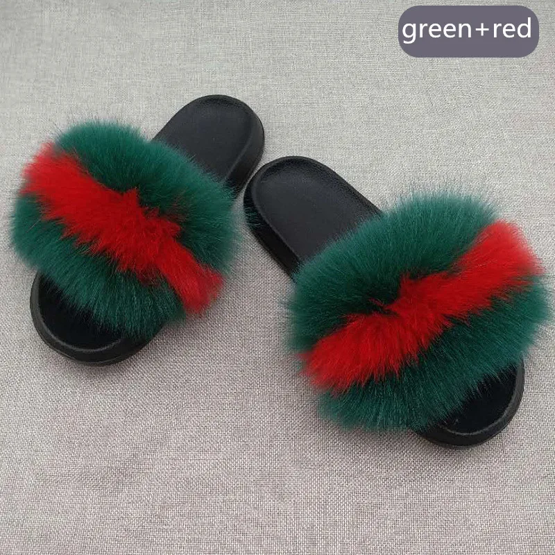Новые женские тапочки домашние шлепанцы с лисьим мехом Вьетнамки пушистые