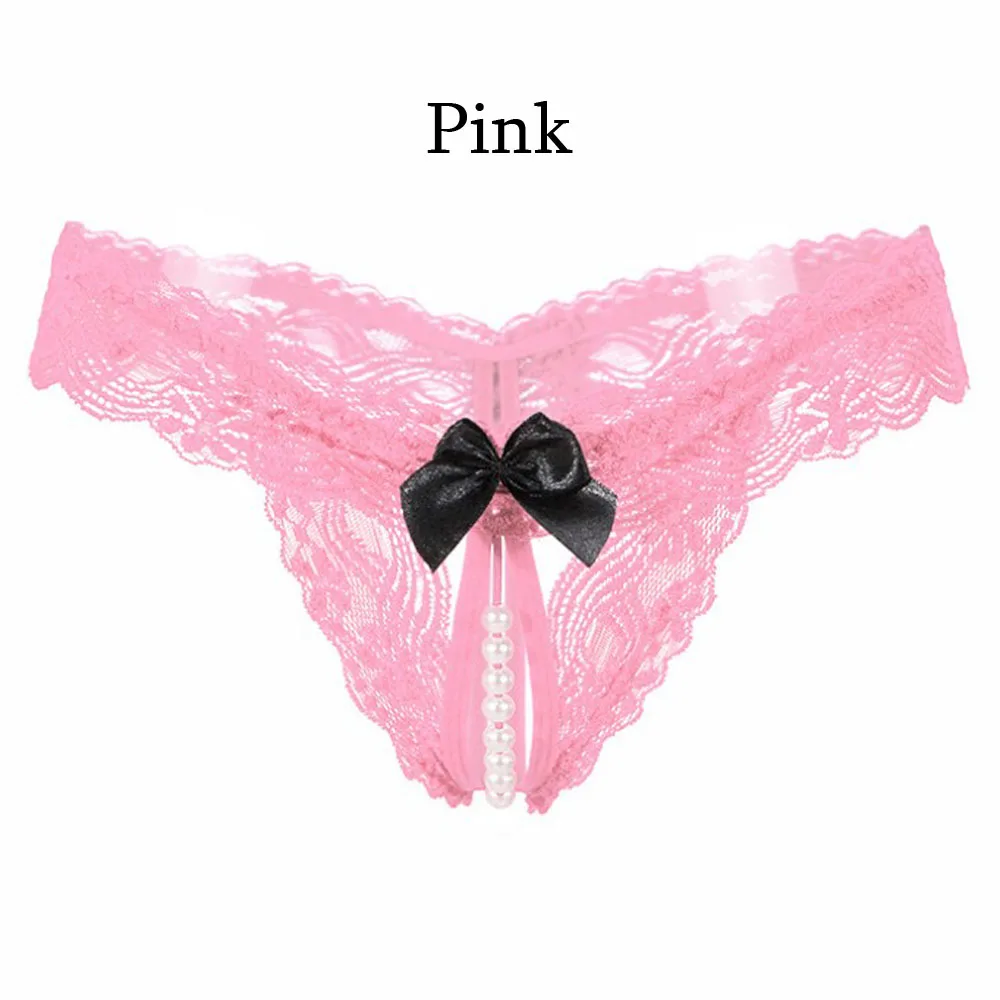 pink Высококачественные сексуальные женские стринги, женские трусики с жемчужинами, кружевной бант, Эротические трусики, Прозрачное нижнее белье - Цвет: pink