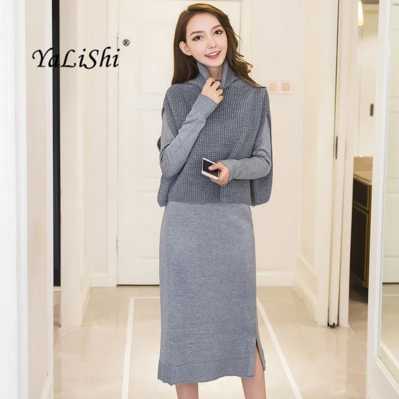 

2 Piece Set 2022 Winter Women Dress Knitted Sweater Grey Black Long Sleeve Turtleneck Dress Office Vintage Bandage Midi Dresses