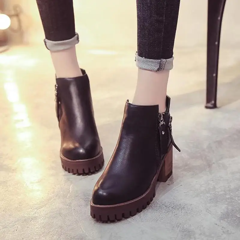 2017 г. Новые зимние ботинки женские Ботинки Martin на Высоком толстом каблуке с