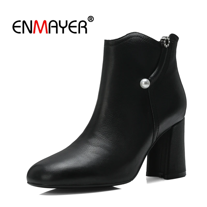 

ENMAYER Women Ankle Boots Shoes women Size 31-43 Casual Square Toe Winter High Heels Fashion Beading Zipper Thick heels CR1467