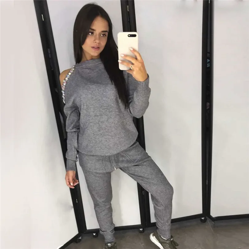 Grey Taotrees, открытые плечи, вышивка бисером, свитер, топы, брючные костюмы, пуловеры с длинными рукавами, трикотажные джемперы, брючный комплект - Цвет: Grey