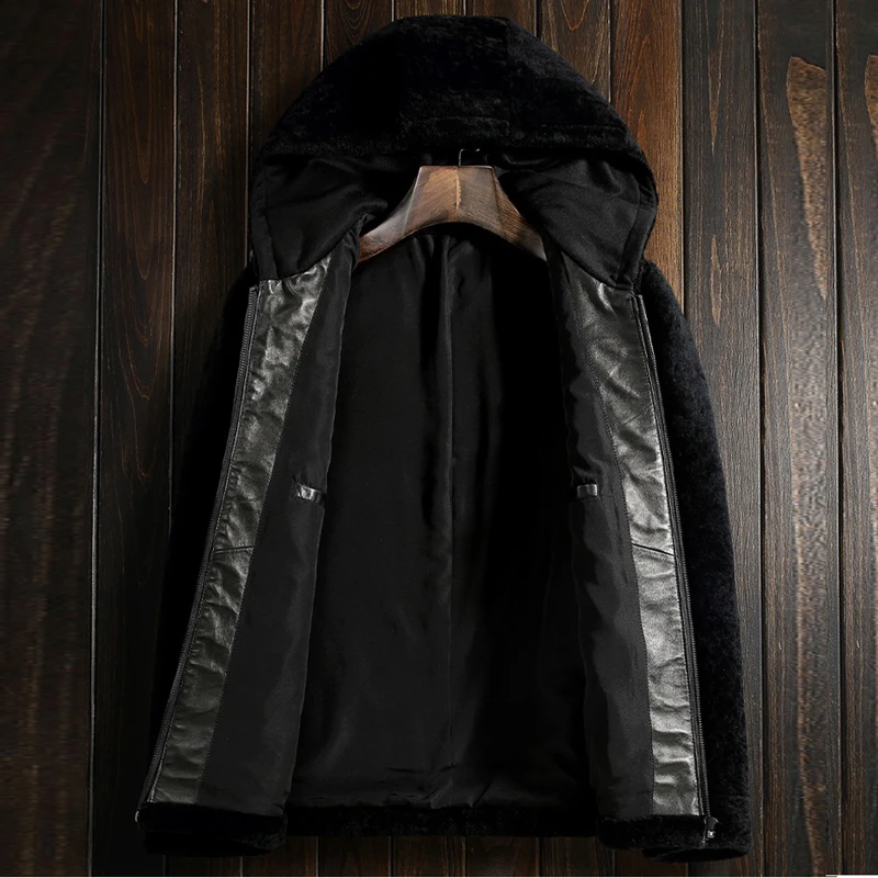 Men's Shearling Jacket Hooded Short Coat Men Black Sheepskin Genuine Leather Parka Luxury Outerwear TJ24 | Мужская одежда