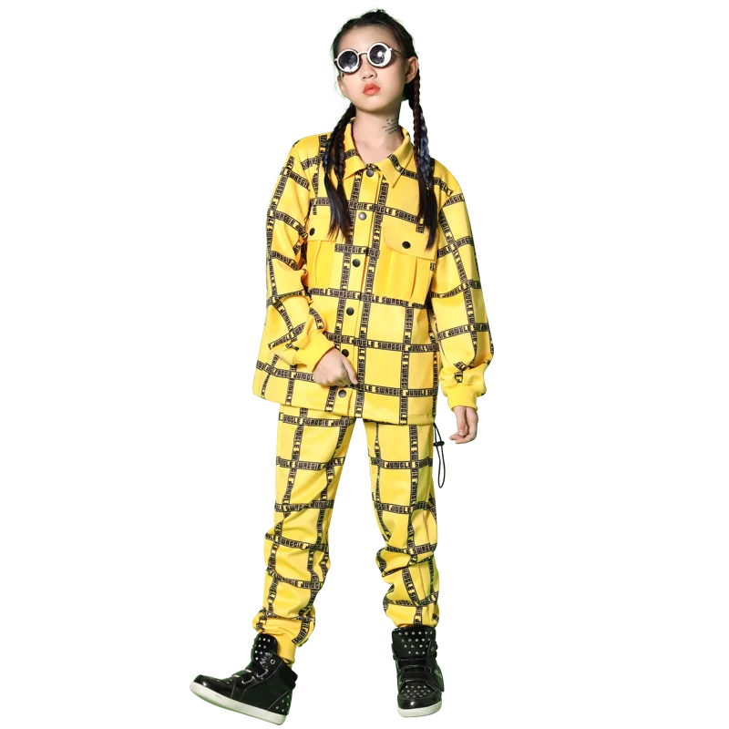 Детская уличная танцевальная одежда для мальчиков и девочек желтая клетчатая
