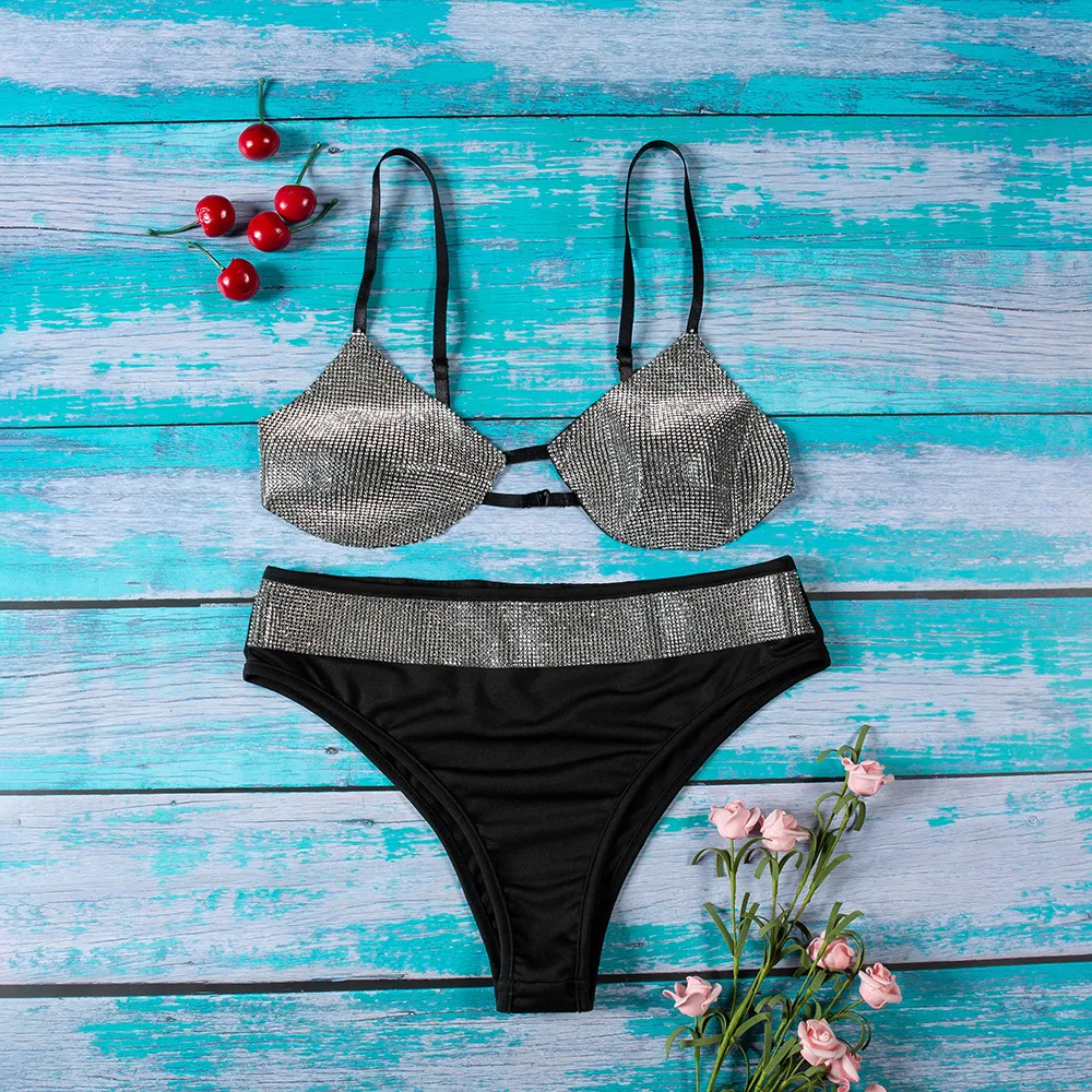 Пикантные блестящие Bralette трусики Комплект Для женщин горячее женское белье