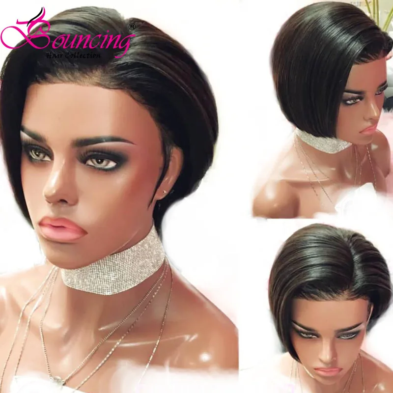 Подпрыгивающие волосы бразильские человеческие волосы remy индивидуальные шелковистые прямые короткие парики Pixie парик на кружеве для черных женщин