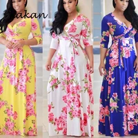 kakan deep v neck print large swing dress loose large size dress autumn new elastic waist women dress s 3xl 5xl