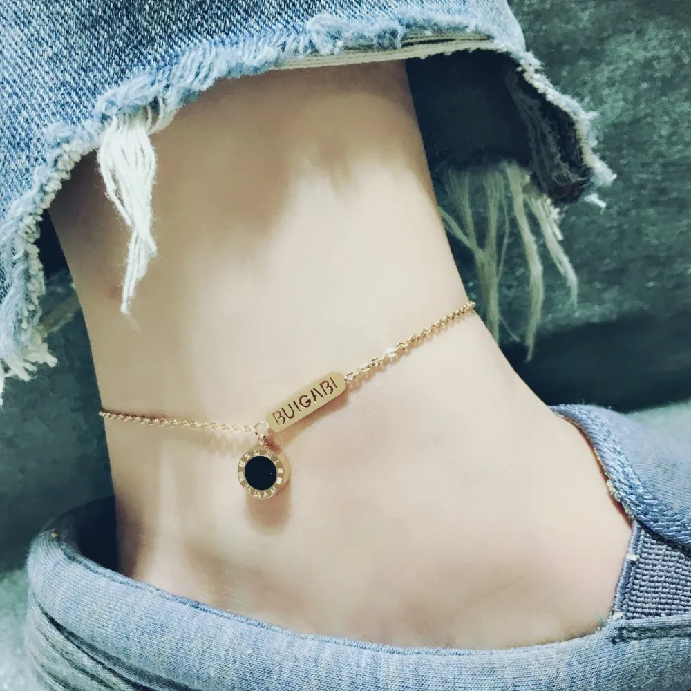 Женский ножной браслет YUN RUO черный с римскими цифрами цвета розового золота