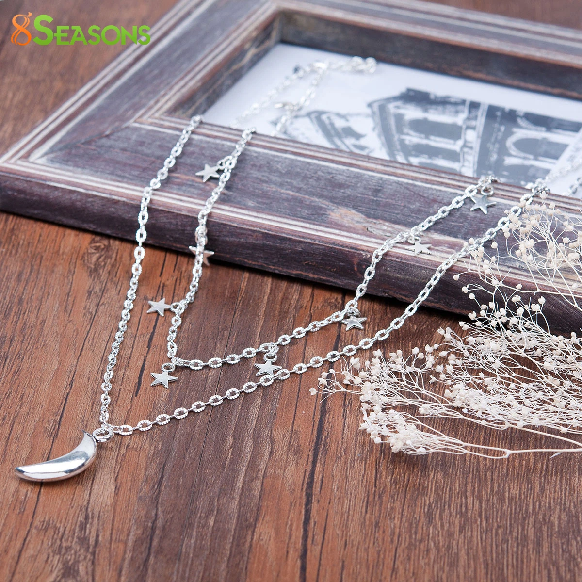 8SEASONS New Fashion Double Layer Necklace Link Cable Chain Antique Silver Color Star Moon Pendants 41.5cm(16 3/8&quot) long 1Piece |