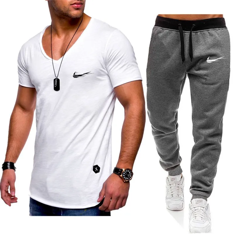 Homens de Moda Duas pechas Define t+ calchas Terno Homens Verao топы, футболки Marca de Moda impresssano Camiseta de Alta Qualidade spor - Цвет: 2