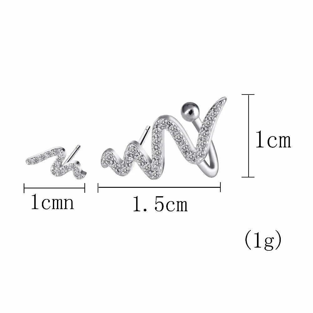 New Fashion High Quality Zircon Snake Shape Silver Metal Earrings For Women Men Unique Simple Stud Female Jewelry Gift | Украшения и