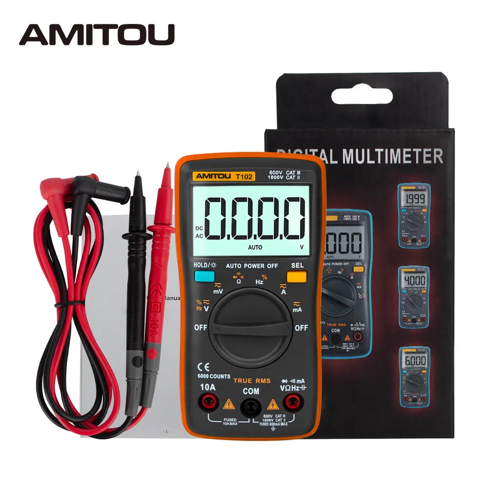 Оранжевый AMITOU T102 Профессиональный цифровой мультиметр True RMS 6000 отсчетов подсветка AC/DC Амперметр Вольтметр тест er+ набор тестовых проводов - Цвет: Оранжевый