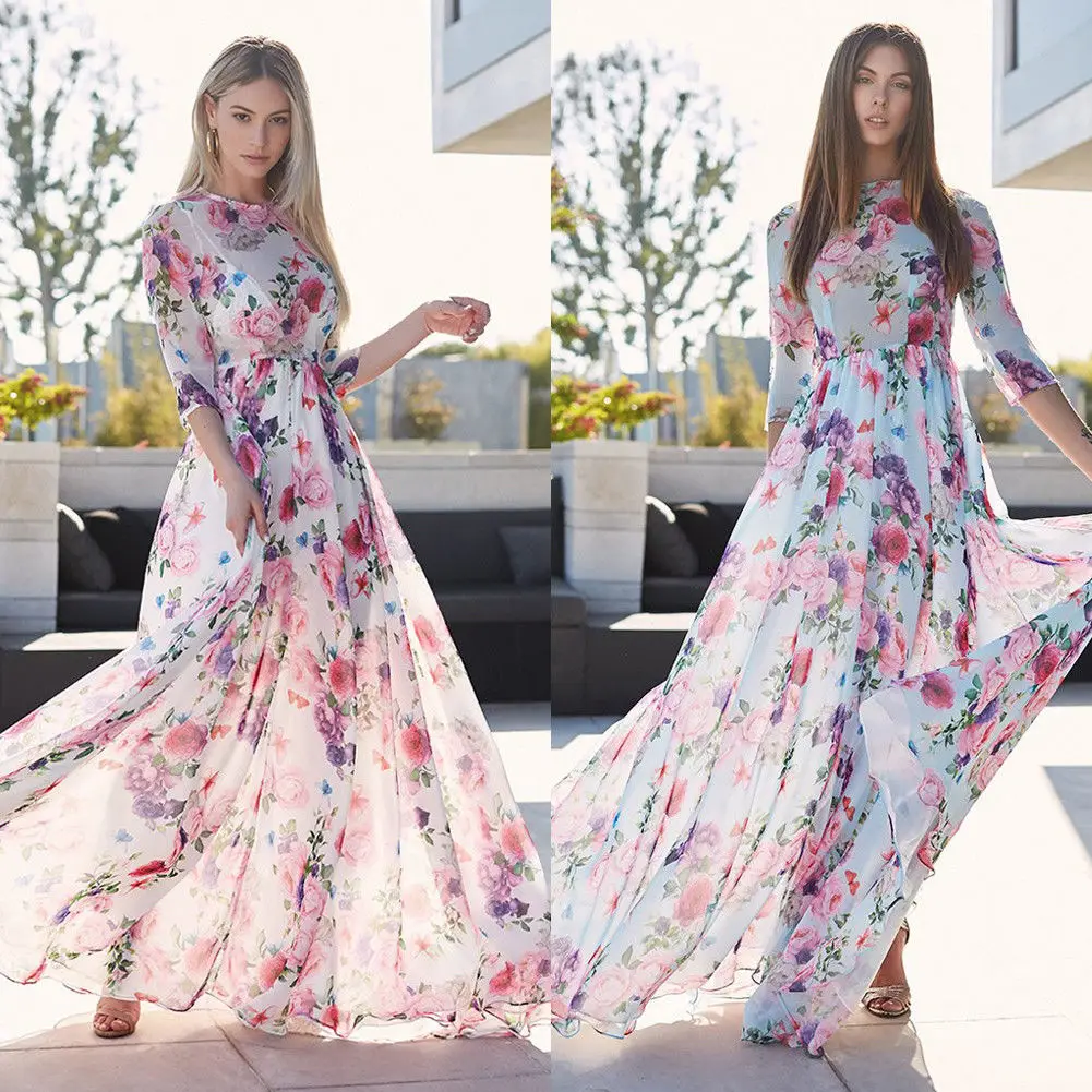 Женское вечернее платье Boho до пола с длинным рукавом и цветочным принтом высокая