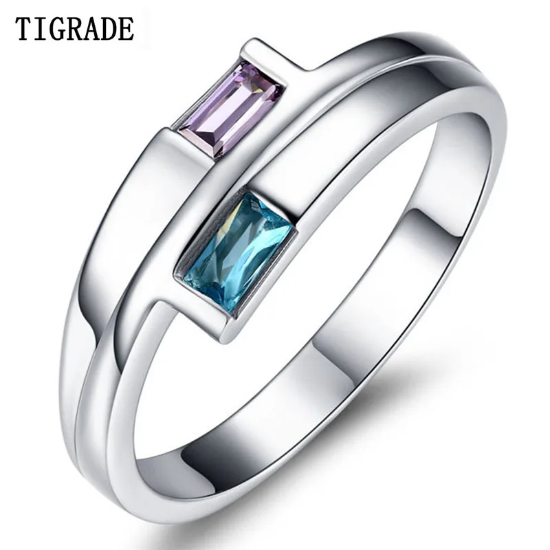 

Tigrade Genuine 925 Sterling Silver Ring Blue Purple CZ Wedding Rings For Women Engagement Band Fashion Anillos Top Quality