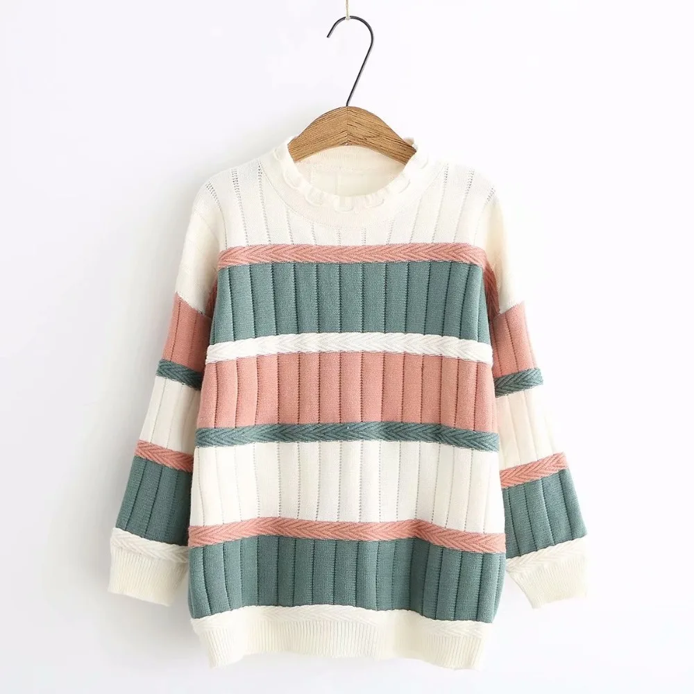 Casual loose mixed colors striped o-neck pullover sweater autumn winter 2018 mori girl | Женская одежда