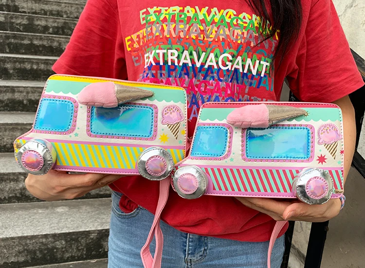 

New Cute Cartoon Ice Cream Car Color Stripe Pu Young Girl's Shoulder Bag Handbag Crossbody Mini Bag Women Pouch Totes Bag Flap