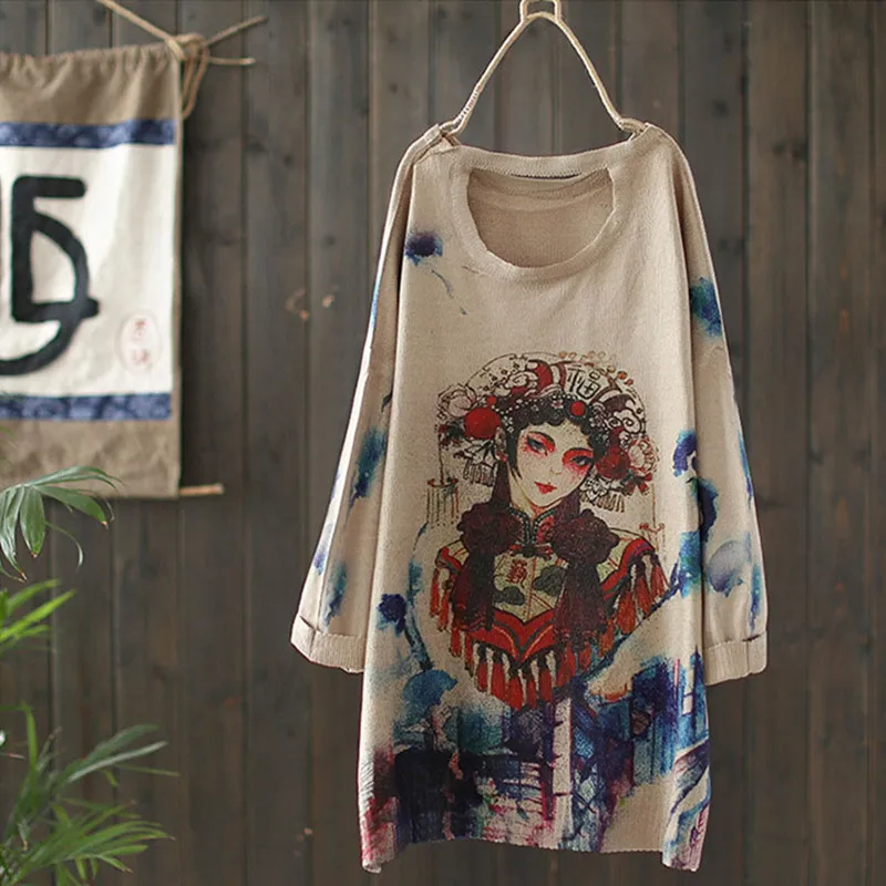 Loose Style Pullovers Harajuku National Knitted Sweater Women Drama Character Printing Pattern Irregular Pull Sueter Mujer 2021 | Женская